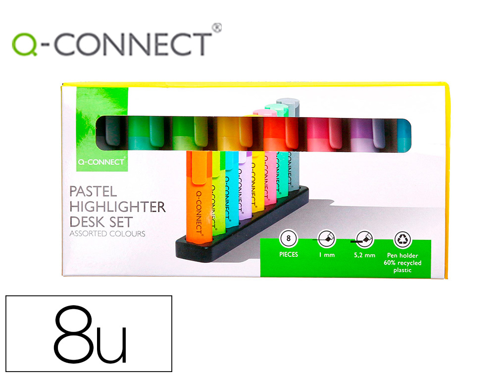 ROTULADOR Q-CONNECT FLUORESCENTE PASTEL PUNTA BISELADA ESTUCHE DE SOBREMESA 8 COLORES SURTIDOS