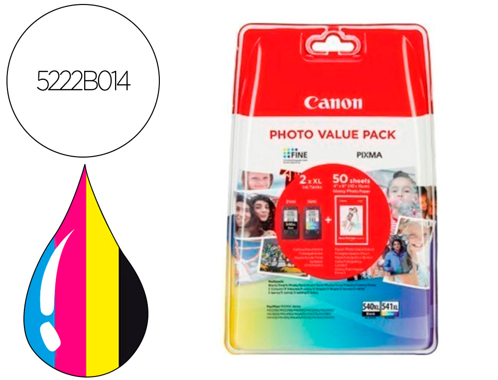 INK-JET CANON PHOTO VALUE PACK PG-540L+CL541XL PIXMA MG2150/3150 + 50 HOJAS PAPEL FOTO GLOSSY 10X15 CM