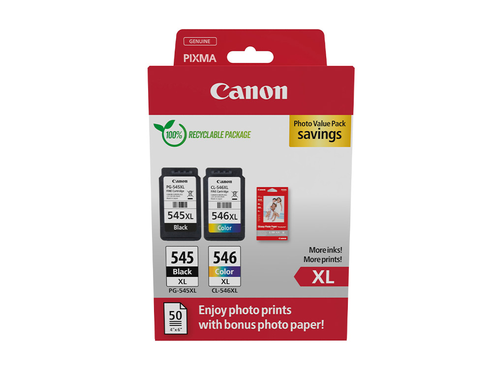 INK-JET CANON PHOTO VALUE PIXMA MG2450/2550 MULTIPACK NEGRO/COLOR PG545XL+ CL546XL +50 HOJAS PAPEL FOTO 10X15 CM