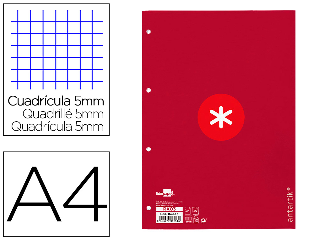 RECAMBIO A4 ANTARTIK 80 HOJAS 90G/M2 CUADRO 5 MM 4 TALADROS 1 BANDA MARCO COLOR FRAMBUESA