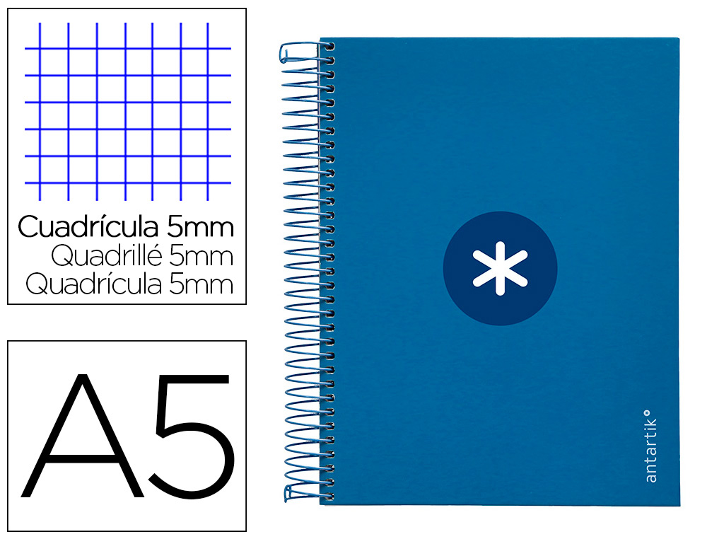 CUADERNO ESPIRAL A5 MICRO ANTARTIK TAPA FORRADA120H 90 GR CUADRO 5MM 5 BANDAS6 TALADROS COLOR AZUL OSCURO