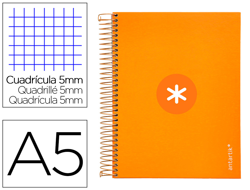 CUADERNO ESPIRAL A5 MICRO ANTARTIK TAPA FORRADA120H 90 GR CUADRO 5MM 5 BANDAS6 TALADROS COLOR MOSTAZA