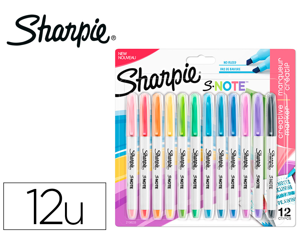 ROTULADOR SHARPIE PERMANENTE S-NOTE PUNTA BISELADA TRAZO 1,2 /3,87 MM BLISTER 12 UNIDADES COLORES SURTIDOS