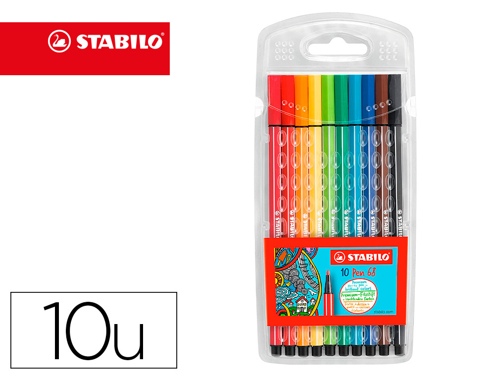 ROTULADOR STABILO ACUARELABLE PEN 68 ESTUCHE CARTON DE 10 UNIDADES COLORES SURTIDOS