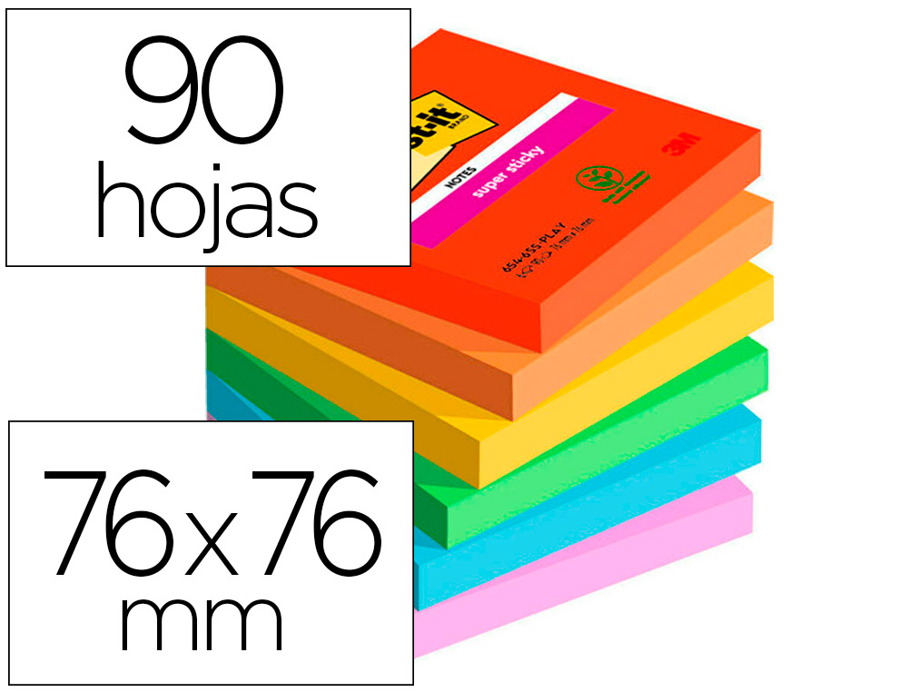 BLOC DE NOTAS ADHESIVAS QUITA Y PON POST-IT SUPER STICKY PLAYFUL 76X76 MM 90 HOJAS 100% PEFC PACK DE 6 UNIDADES