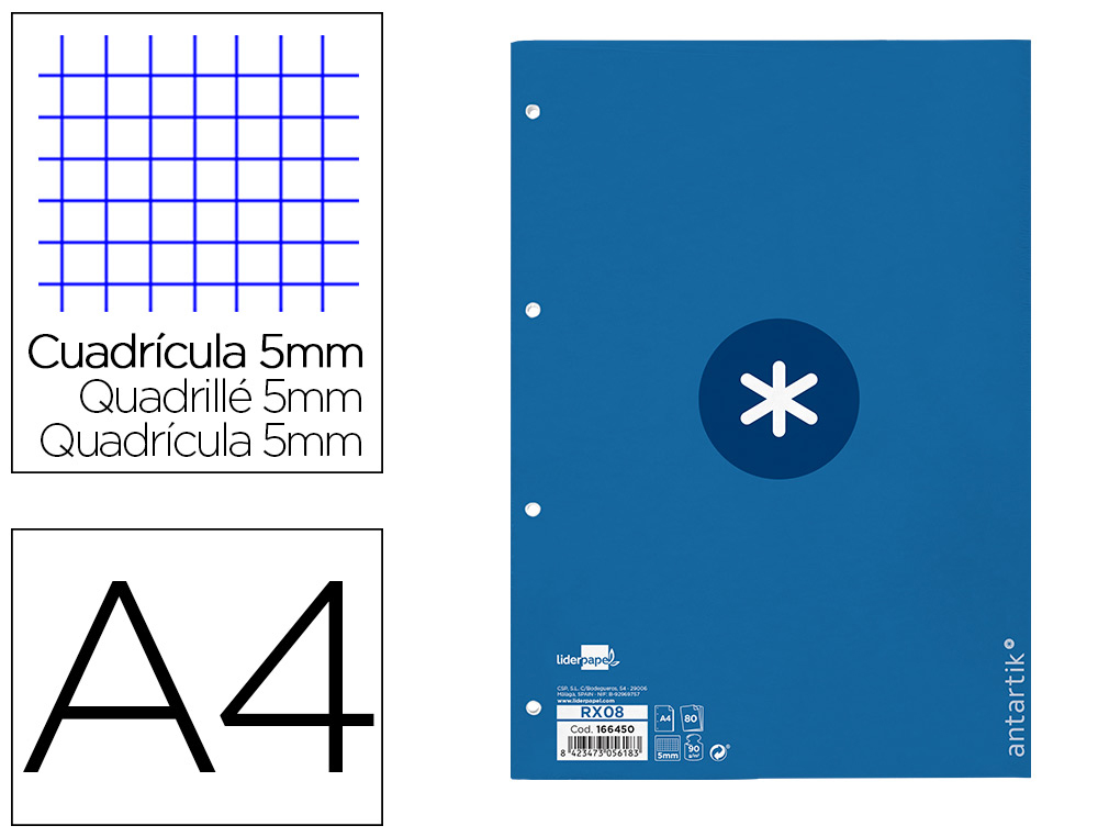 RECAMBIO A4 ANTARTIK 80 HOJAS 90G/M2 CUADRO 5MM 4 TALADROS 1 BANDA CON MARCO COLOR AZUL OSCURO