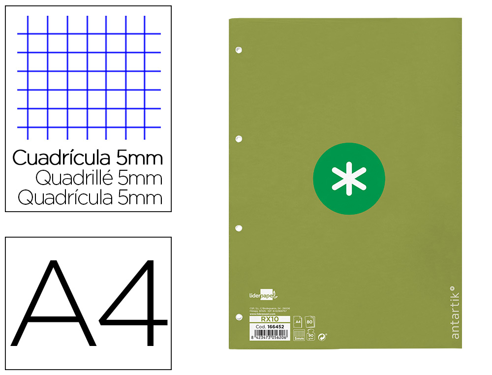 RECAMBIO A4 ANTARTIK 80 HOJAS 90G/M2 CUADRO 5MM 4 TALADROS 1 BANDA CON MARCO COLOR VERDE