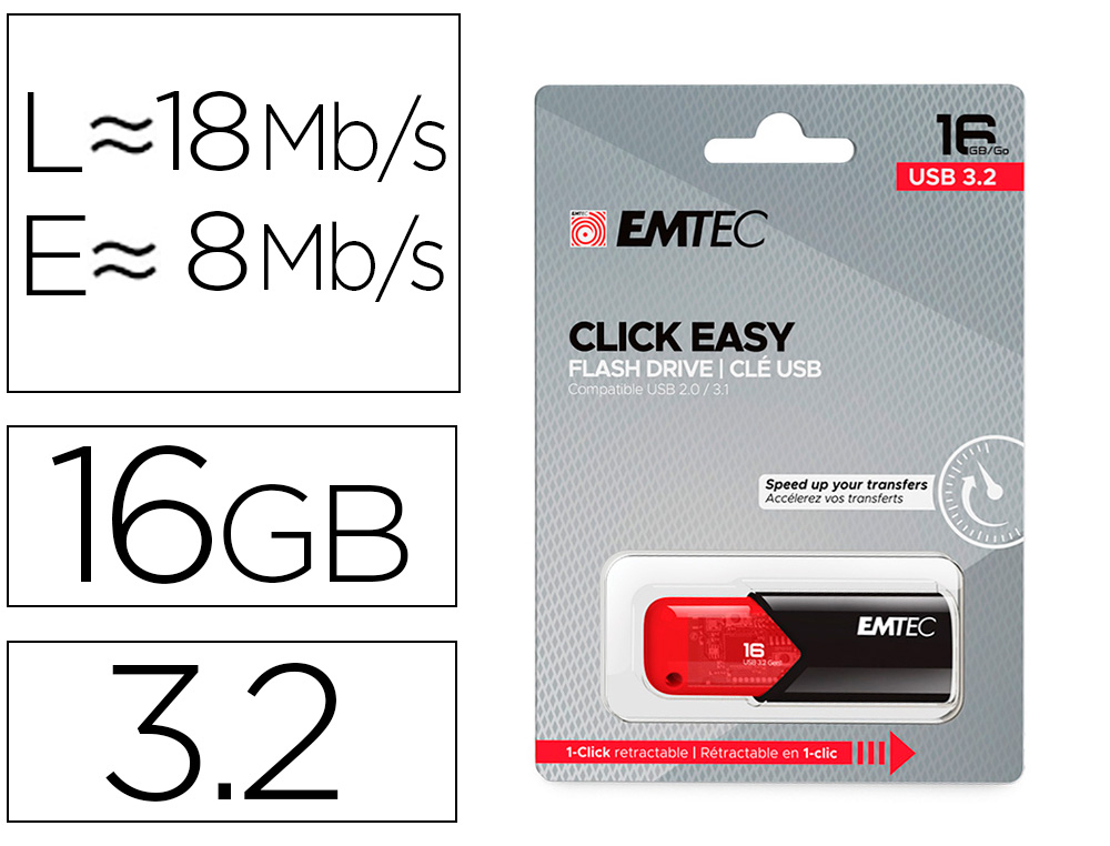 MEMORIA EMTEC USB 3.2 CLICK EASY 16 GB ROJO