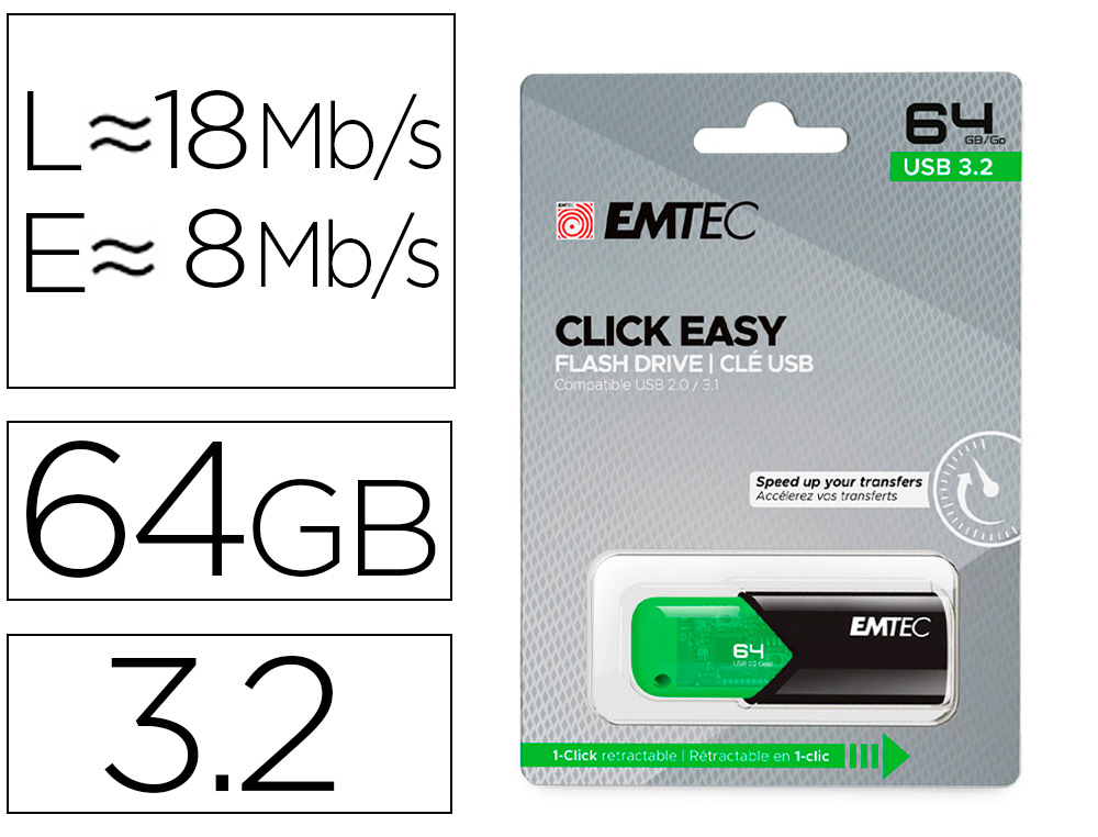 MEMORIA EMTEC USB 3.2 CLICK EASY 64 GB VERDE