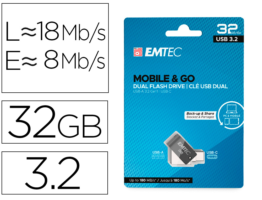MEMORIA EMTEC USB 3.2 DUAL MOBILE & GO TYPE-C /USB 32 GB