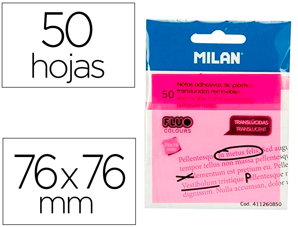 BLOC DE NOTAS ADHESIVAS QUITA Y PON MILAN 76X76 MM REMOVIBLE PLASTICO TRANSLUCIDO ROSA FLUOR 50 HOJAS