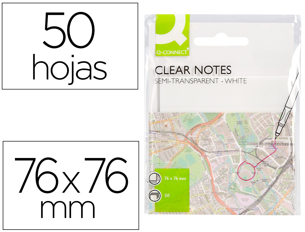 BLOC DE NOTAS ADHESIVAS QUITA Y PON Q-CONNECT 76X76 MM REMOVIBLE PLASTICO TRANSLUCIDO BLANCO 50 HOJAS