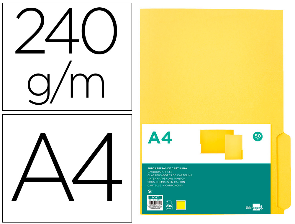 SUBCARPETA CARTULINA LIDERPAPEL A4 PESTAA INFERIOR 240G/M2 COLOR AMARILLO