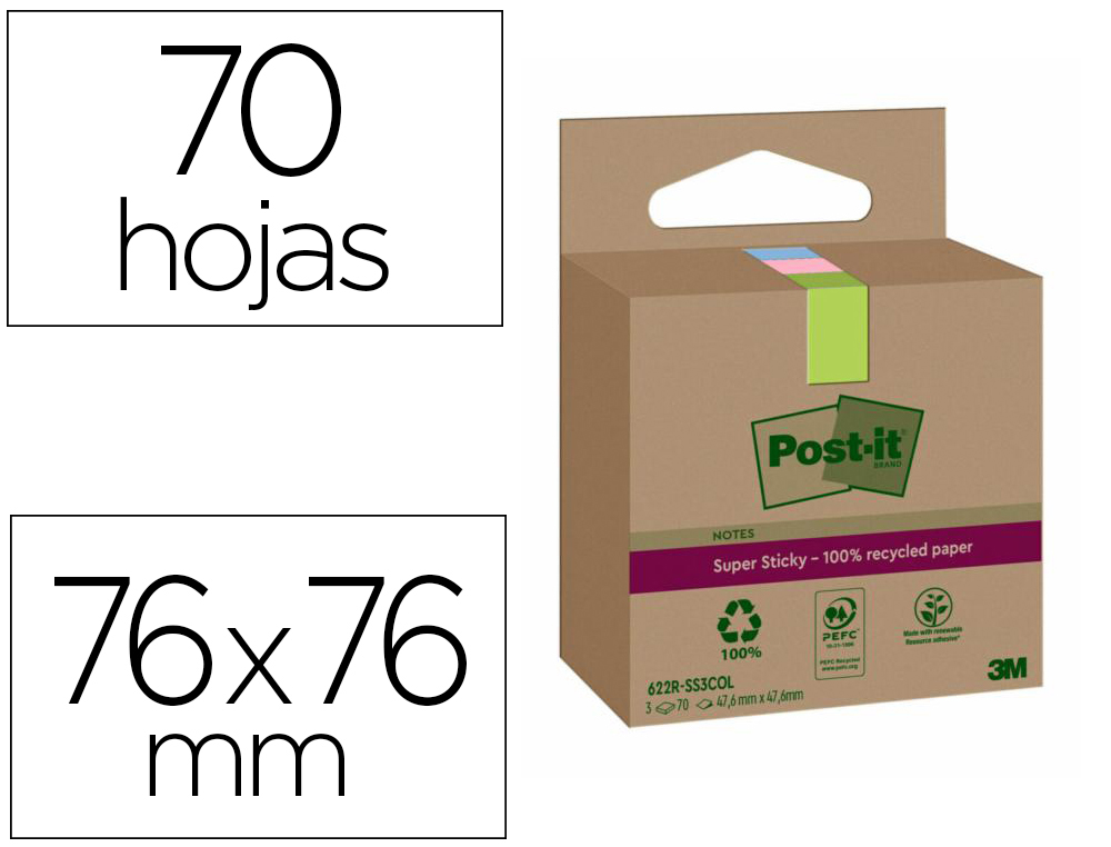 BLOC DE NOTAS ADHESIVAS QUITA Y PON POST-IT SUPER STICKY 76X76 MM 70 HOJAS RECICLADAS PAQUETE DE 3 UNIDADES COLORES