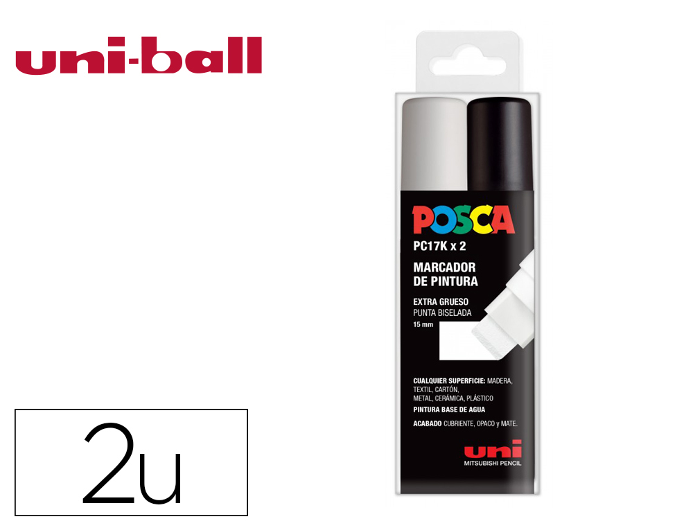 ROTULADOR UNI POSCA PC-17K/2C MARCADOR DE PINTURA PUNTA BISELADA 15 MM ESTUCHE DE 2 UNIDADES BLANCO/NEGRO