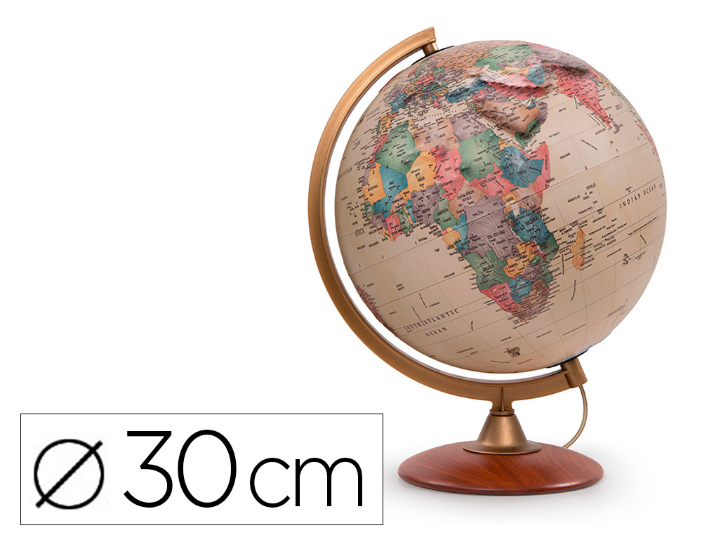 GLOBO TERRAQUEO NOVA RICO CON LUZ COLOMBO RELIEVE BASE DE MADERA Y MERIDIANO DE PLASTICO 30 CM DIAMETRO