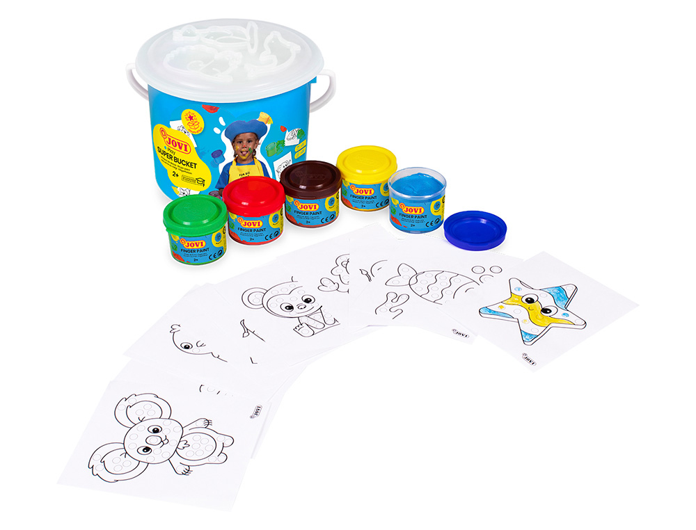 PINTURA A DEDOS JOVI BUCKET SUPER KIT 5 BOTES 35 ML + 20 PLANTILLAS