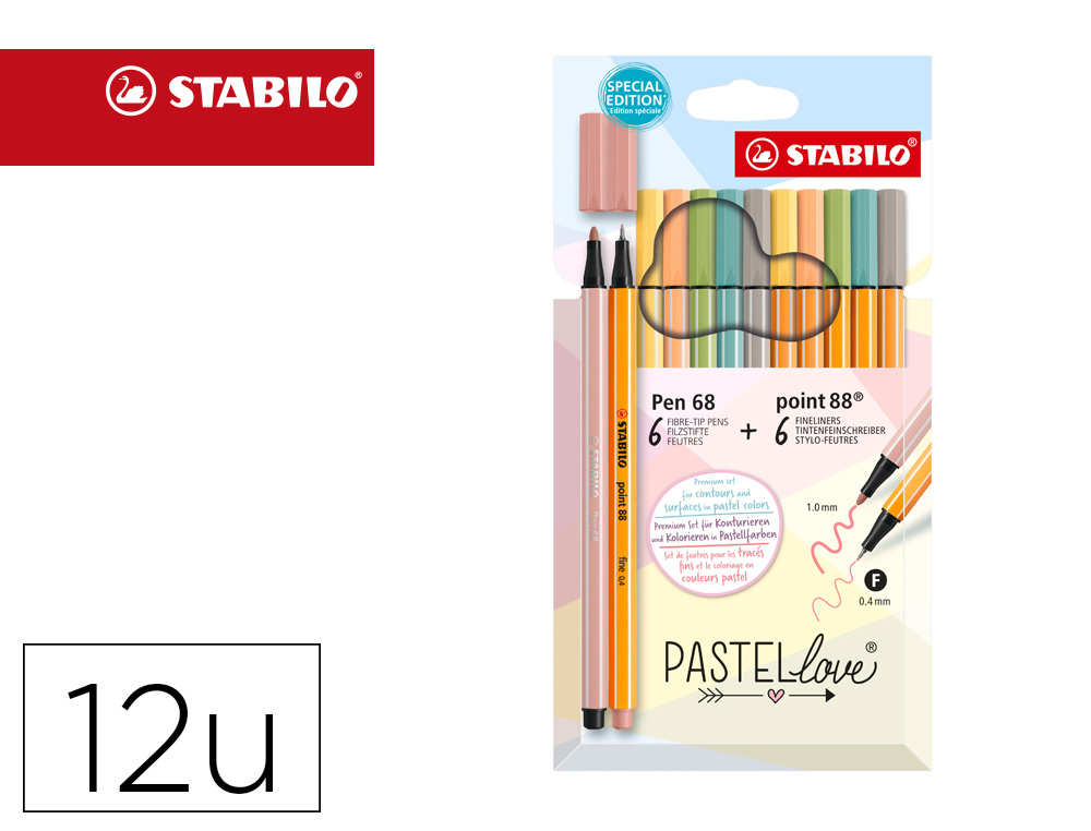 ROTULADOR STABILO PUNTA DE FIBRA POINT 88 + PEN 68 PASTEL LOVE ESTUCHE DE CARTON DE 12 COLORES SURTIDOS