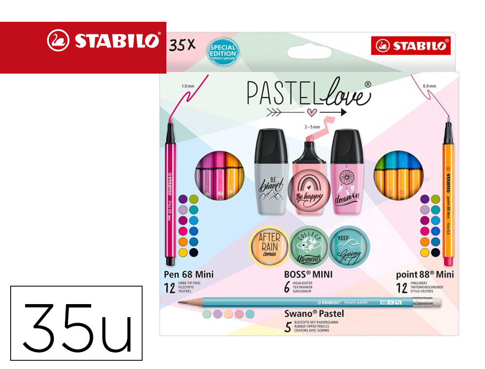 SET STABILO PASTEL LOVE MINI WORLD PEN 68 / POINT 88 / BOSS / SWANO 35 UNIDADES SURTIDAS