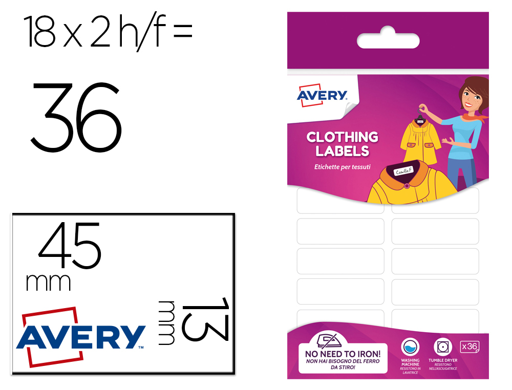 ETIQUETA AVERY PARA TEXTIL SIN PLANCHE 45X13 MM BLISTER DE 36 UNIDADES