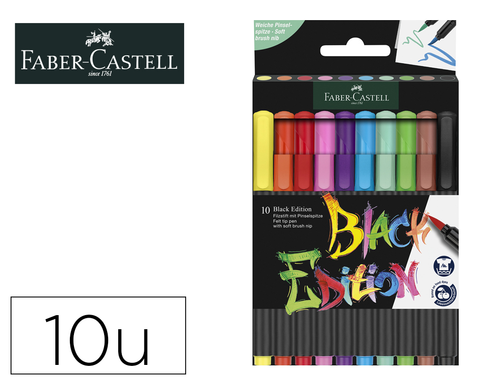 ROTULADOR FABER CASTELL EDICION BLACK PUNTA DE PINCEL CAJA DE 10 UNIDADES COLORES SURTIDOS