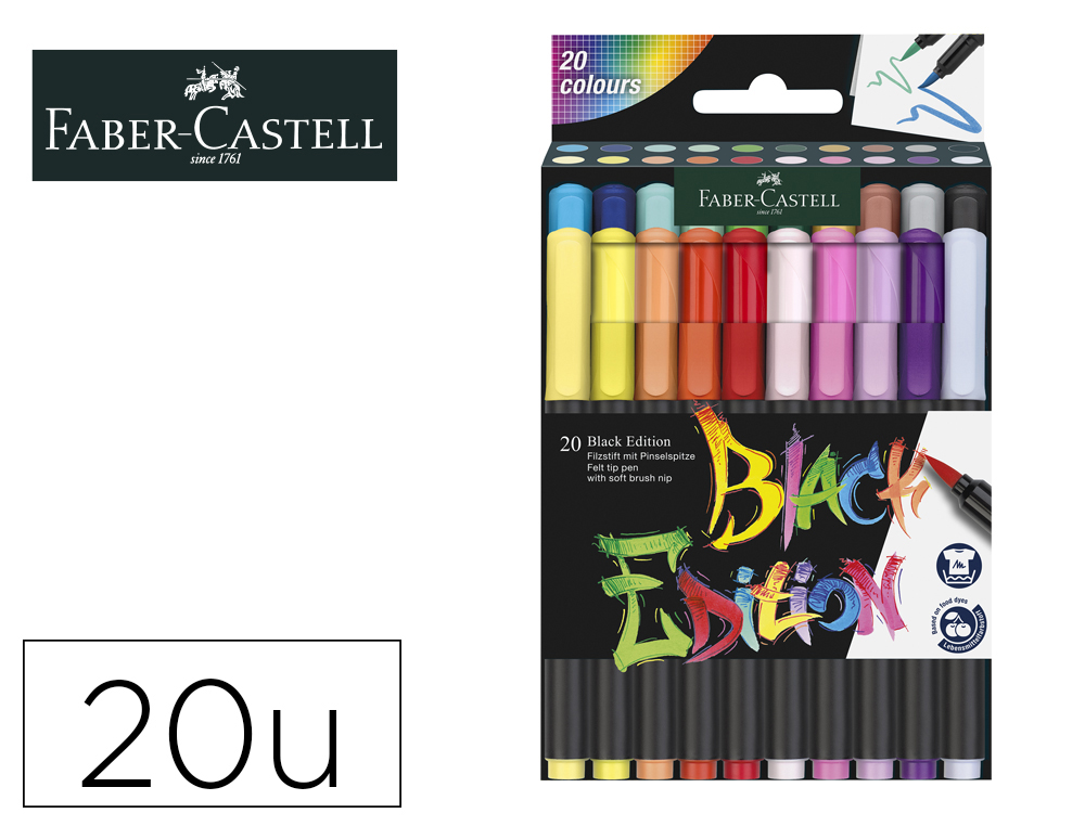 ROTULADOR FABER CASTELL EDICION BLACK PUNTA DE PINCEL CAJA DE 20 UNIDADES COLORES SURTIDOS