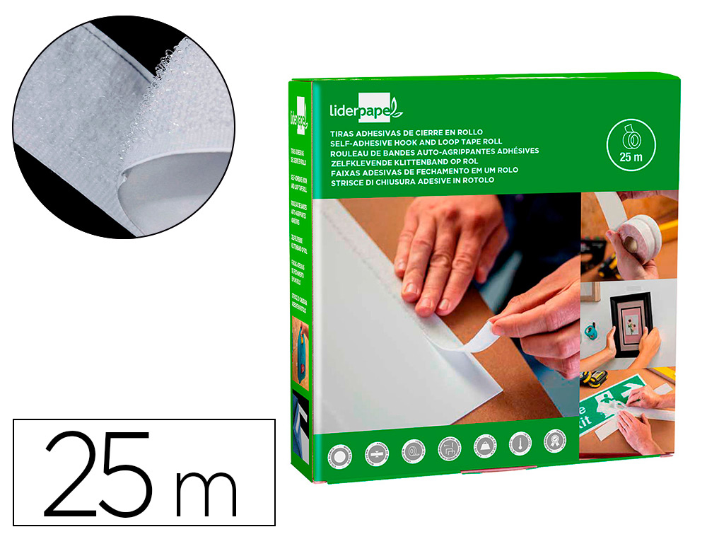 CINTA DE CIERRE ADHESIVA LIDERPAPEL VELCRO BLANCO 20MM X 25M