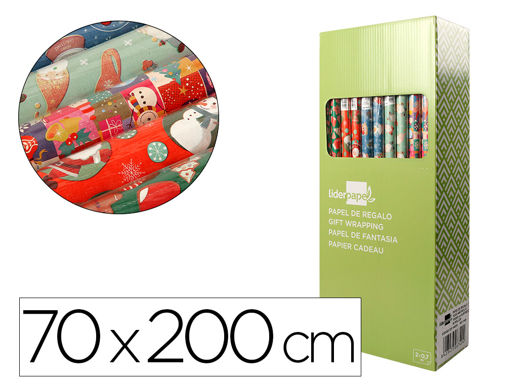 PAPEL DE REGALO LIDERPAPEL NAVIDAD ROLLO ANCHO 70 CM LONGITUD 2 MT GRAMAJE 60 GR DISEOS SURTIDOS