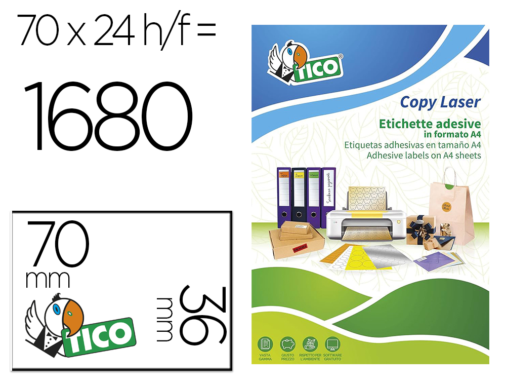 ETIQUETA ADHESIVA TICO ROJO FL UORESCENTESES PERMANENTE FSC LASER/INKJET/FOTOCOPIA 70X36 MMCAJA DE 1680 UNIDADES