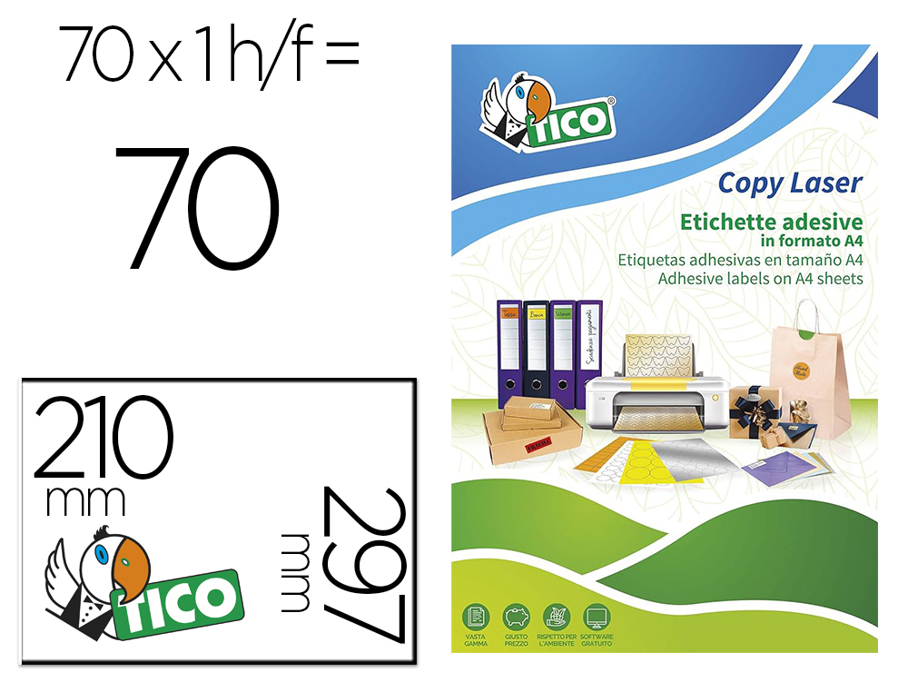 ETIQUETA ADHESIVA TICO AMARILL O FLUORESCENTES PERMANENTE FSCLASER/INKJET/FOTOCOPIA 210X297MM CAJA DE 70 UNIDADES