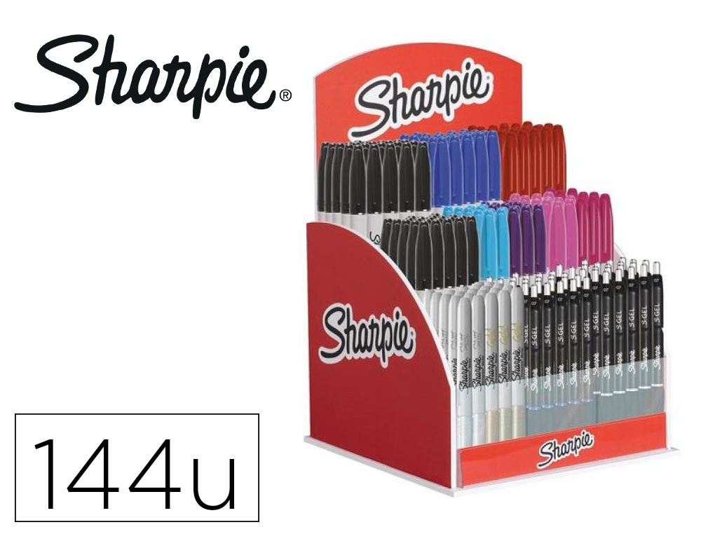 EXPOSITOR SHARPIE DE SOBREMESA ACRILICO CON 120 ROTULADORES PERMANENTES Y 24 BOLIGRAFOS GEL COLORES