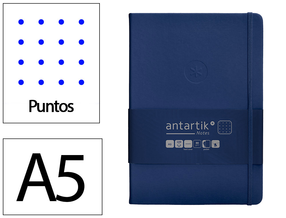 CUADERNO CON GOMILLA ANTARTIK NOTES TAPA DURA A5 HOJAS PUNTOS AZUL MARINO 100 HOJAS 80 GR FSC