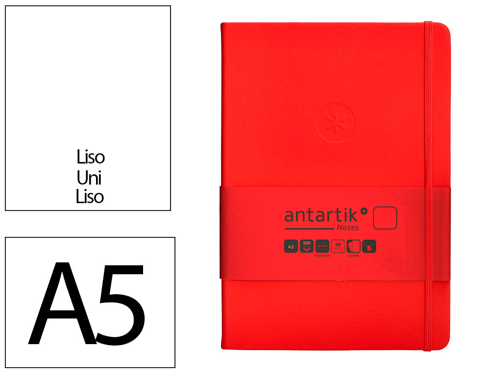 CUADERNO CON GOMILLA ANTARTIK NOTES TAPA DURA A5 HOJAS LISAS ROJO 100 HOJAS 80 GR FSC