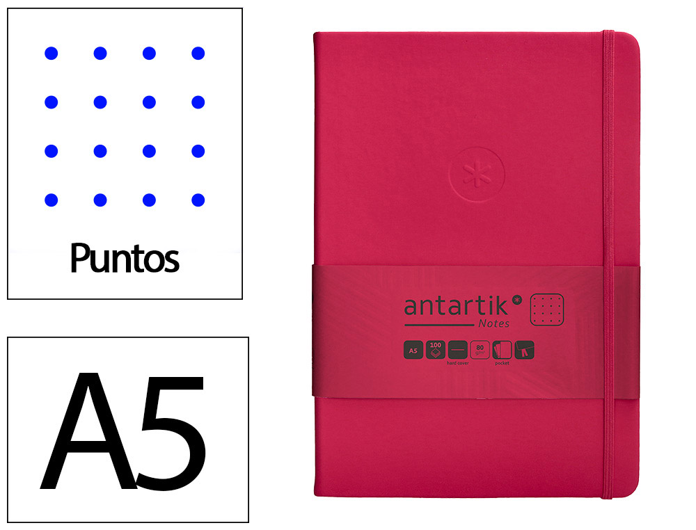 CUADERNO CON GOMILLA ANTARTIK NOTES TAPA DURA A5 HOJAS PUNTOS BURDEOS 100 HOJAS 80 GR FSC