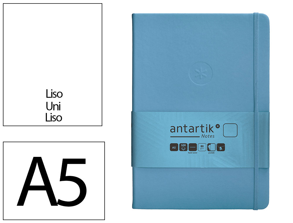 CUADERNO CON GOMILLA ANTARTIK NOTES TAPA DURA A5 HOJAS LISAS AZUL CLARO 100 HOJAS 80 GR FSC