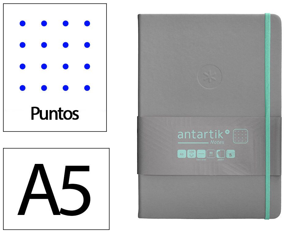 CUADERNO CON GOMILLA ANTARTIK NOTES TAPA DURA A5 HOJAS PUNTOS GRIS Y TURQUESA 100 HOJAS 80 GR FSC