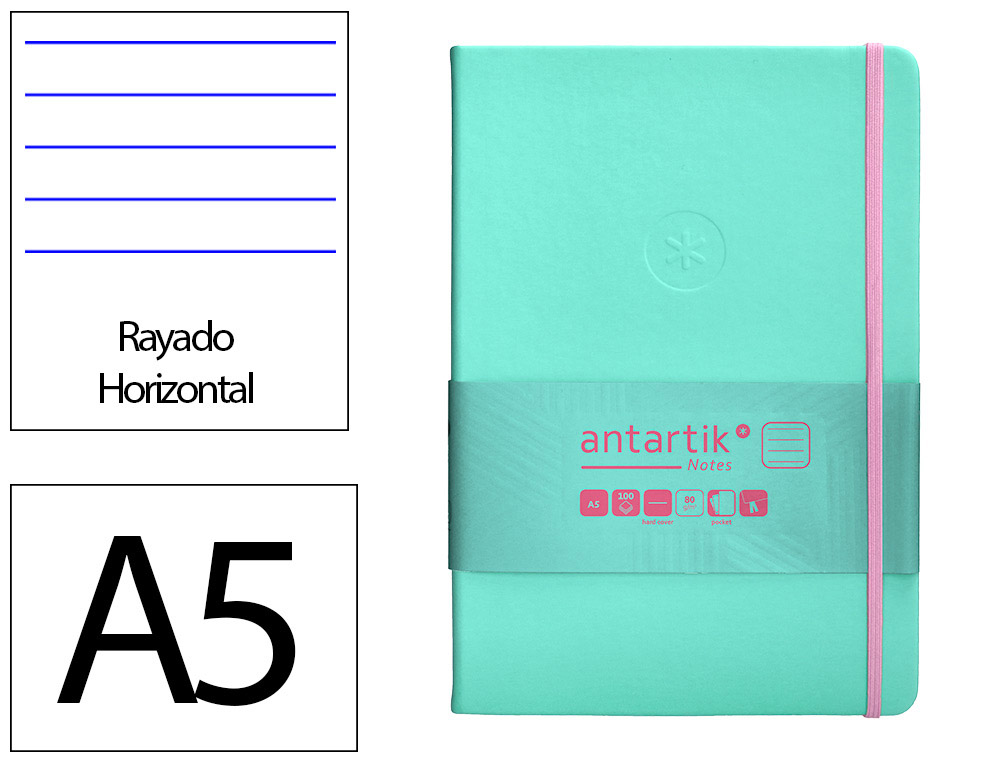 CUADERNO CON GOMILLA ANTARTIK NOTES TAPA DURA A5 HOJAS RAYAS ROSA Y TURQUESA 100 HOJAS 80 GR FSC