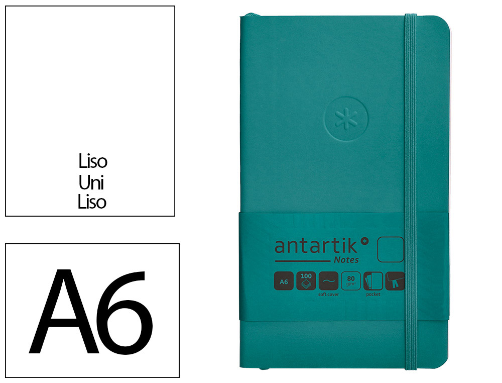 CUADERNO CON GOMILLA ANTARTIK NOTES TAPA BLANDA A6 HOJAS LISAS VERDE AGUAMARINA 100 HOJAS 80 GR FSC