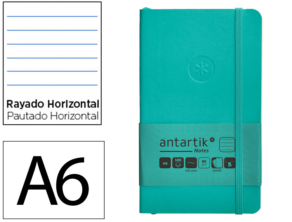 CUADERNO CON GOMILLA ANTARTIK NOTES TAPA BLANDA A6 RAYAS TURQUESA 100 HOJAS 80 GR FSC