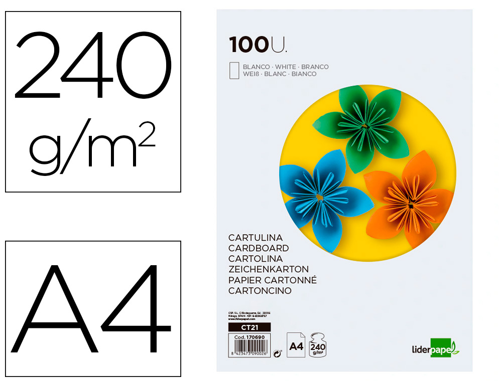 CARTULINA LIDERPAPEL A4 240G/M2 BLANCO PAQUETE DE 100 HOJAS