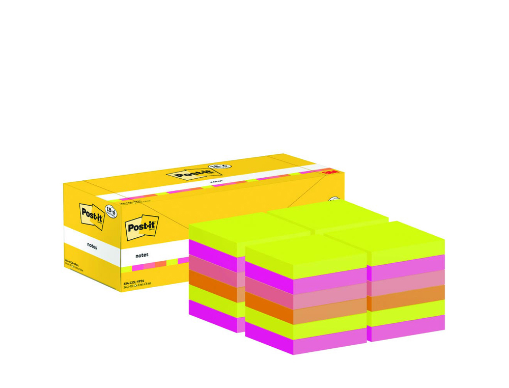 BLOC DE NOTAS ADHESIVAS QUITA Y PON POST-IT COLORES SURTIDOS 76X76 MM CON 100 HOJAS PACK DE 18+6 UNIDADES