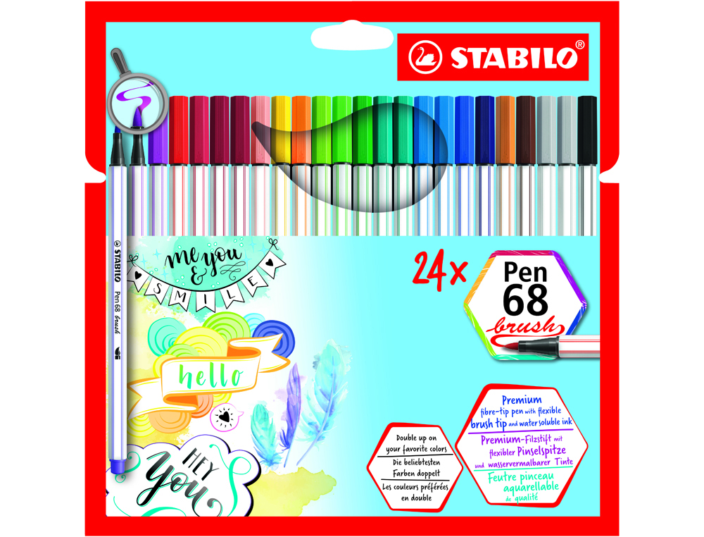 ROTULADOR STABILO ACUARELABLE PEN 68 BRUSH PUNTA PINCEL ESTUCHE DE 24 UNIDADES COLORES SURTIDOS