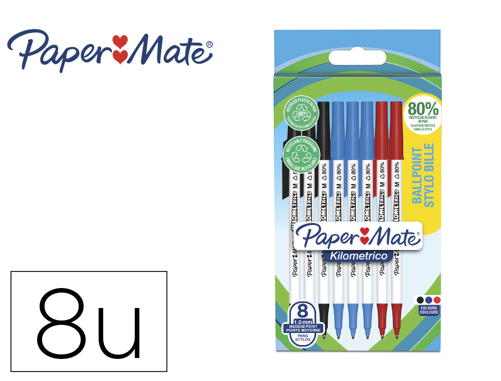 BOLIGRAFO PAPER MATE KILOMETRICO PUNTA 1 MM PLASTICO RECICLADO 80% BLISTER DE 3 NEGROS / 3