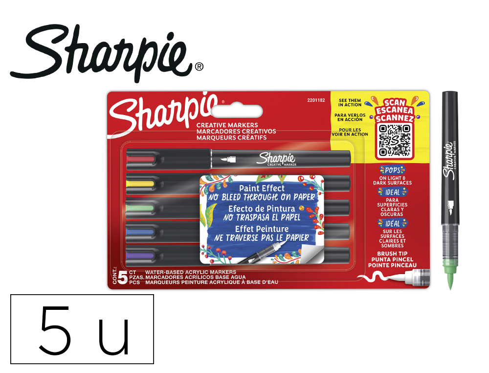 ROTULADOR SHARPIE ACRYLIC PUNTA PINCEL BLISTER DE 5 UNIDADES COLORES SURTIDOS