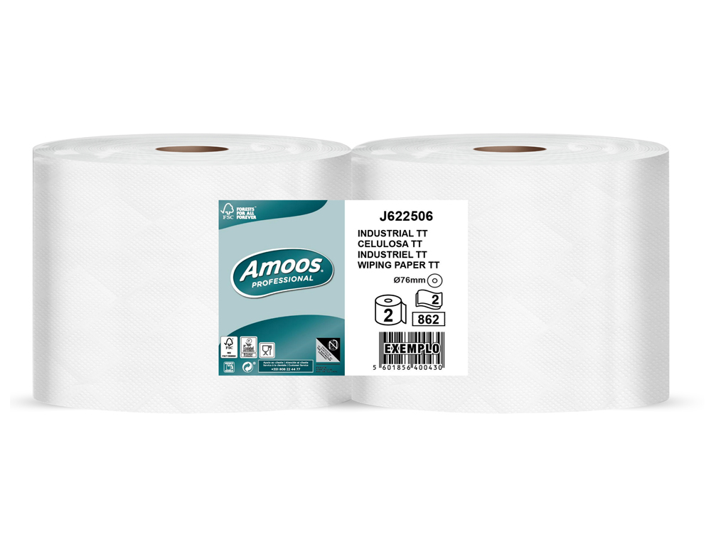 PAPEL SECAMANOS AMOOS INDUSTRIAL 2 CAPAS 32G/M2 PAQUETE DE 2 ROLLOS