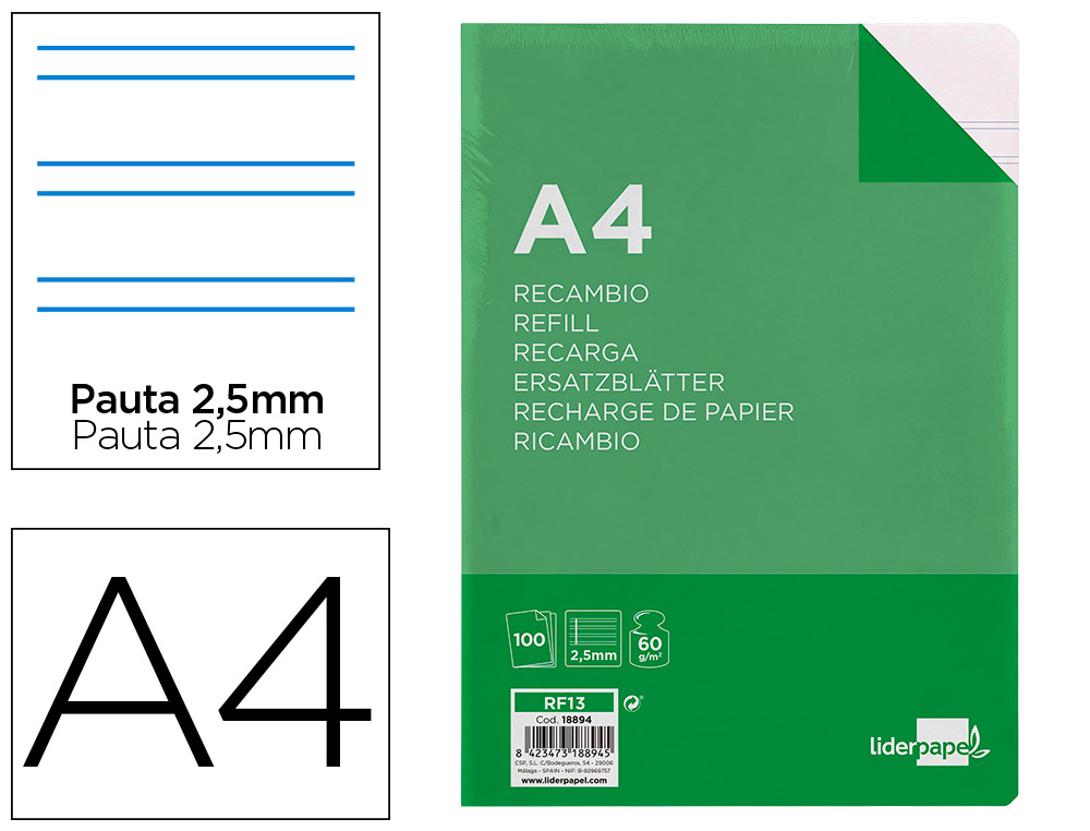 RECAMBIO LIDERPAPEL FOLIO 100 HOJAS 60G/M2 PAUTA 5 2.5MM CON MARGEN 16 TALADROS