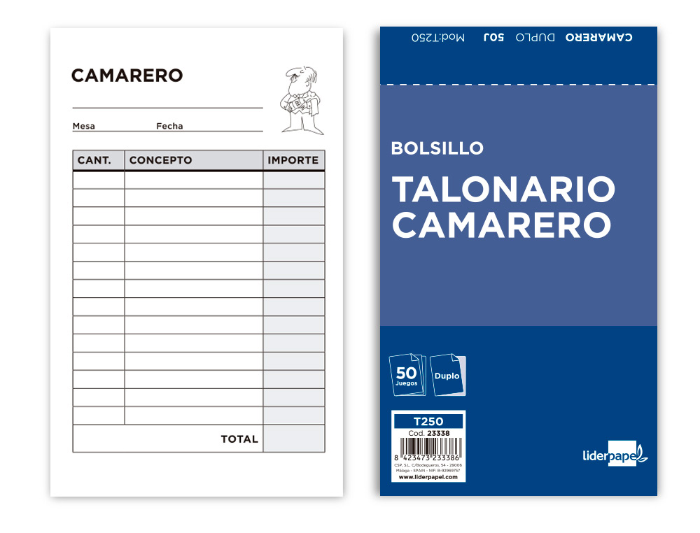 TALONARIO LIDERPAPEL CAMARERO BOLSILLO ORIGINAL Y COPIA T250