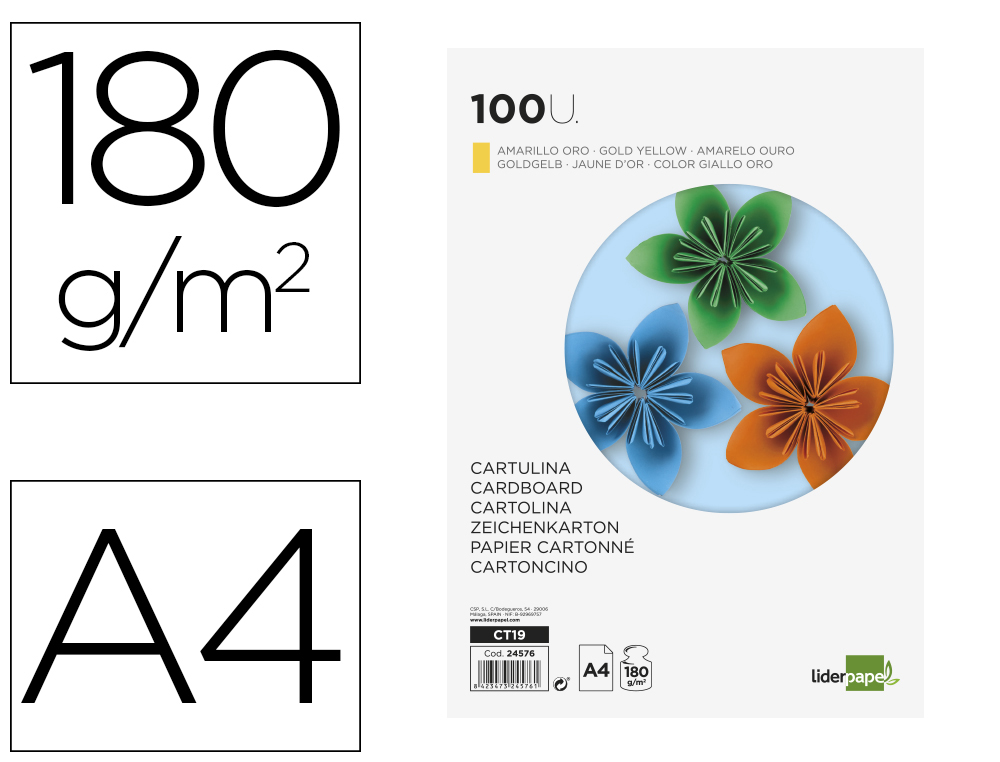 CARTULINA LIDERPAPEL A4 180G/M2 ORO PAQUETE DE 100 HOJAS