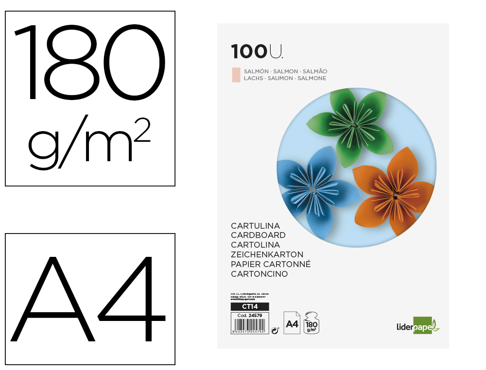 CARTULINA LIDERPAPEL A4 180G/M2 SALMON PAQUETE DE 100 HOJAS