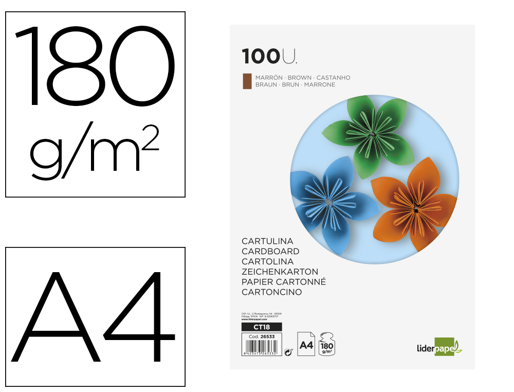 CARTULINA LIDERPAPEL A4 180G/M2 MARRON PAQUETE DE 100 HOJAS